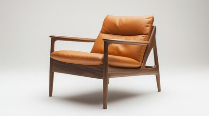 Fototapeta premium Relaxing brown leather armchair mid century modern style