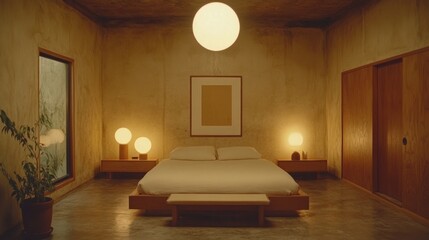 Modern Minimalist Bedroom Interior with Warm Lighting and Concrete Walls