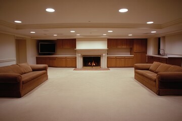 Finished Basement Recreation Room with Fireplace