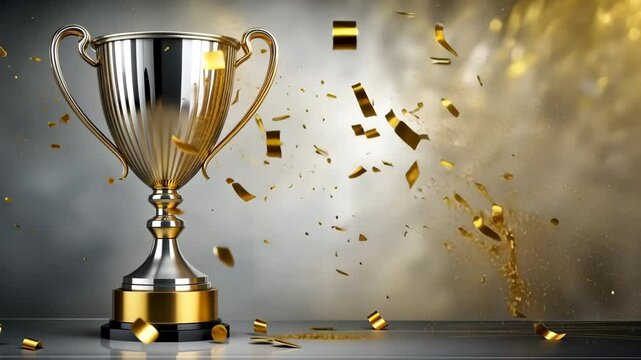 Celebration of victory with trophy and confetti at award ceremony