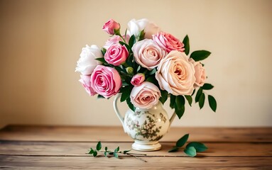 Obraz premium Elegant floral arrangement with pink roses, white carnations, in a crystal vase on a wooden table, beige background, soft lighting, romantic vintage aesthetic