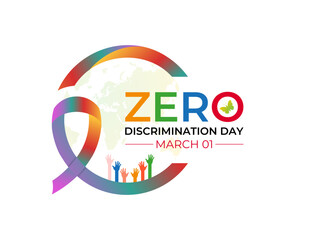 Zero Discrimination Day is observed annually on March 1st to promote equality, inclusion, and the right of everyone to live a full and productive life. Hands and  Multicolored rainbow butterflies fly.