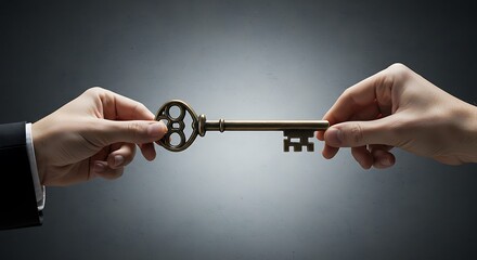 Hands Passing Vintage Key Representing Solution, Security or Agreement