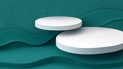 Elegant white platforms gently rest on teal wavy backdrop. AI Generated