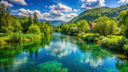 Serene waters of Mreznica river flowing gently through lush greenery in Belavici village amidst vast wilderness