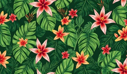 Selbstklebende Fototapeten Tropical floral pattern with vibrant yellow and orange lilies, lush green leaves, seamless repeat on dark background, painterly botanical design © Pro Creator