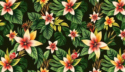 Tropical floral pattern with vibrant yellow and orange lilies, lush green leaves, seamless repeat on dark background, painterly botanical design