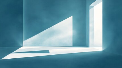 Serene teal room bathed in soft light casts dramatic shadows creating a minimalist aesthetic. AI Generated