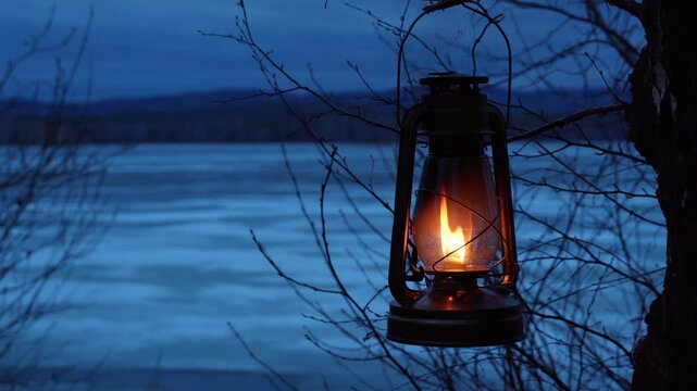 A kerosene lantern hangs on a tree branch and burns with an orange flame. Lantern on the background of the evening natural landscape on the shore of the lake.