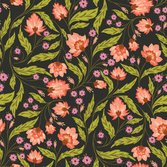 Peach orange and purple chintz style pattern on dark gray background