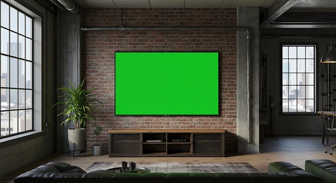 Living Room with Green Screen Tv in Modern Loft Apartment