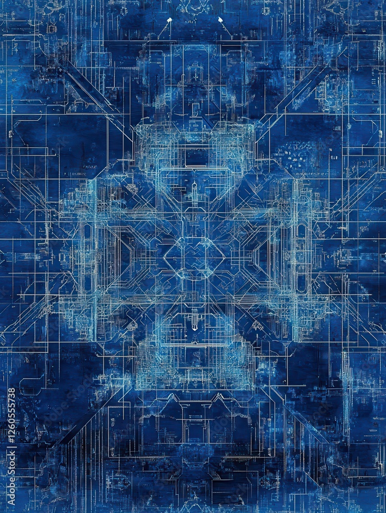 Poster abstract circuit board design in a blue color featuring intricate patterns and interconnected lines,