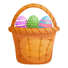 Basket with easter eggs. Cartoon easter card elements isolated on white.