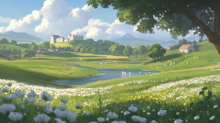 Fototapeta premium Idyllic Village nestled beside a tranquil lake and blooming meadows