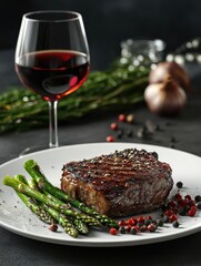 Tasty steak with asparagus and coloured pepper and accompanied by a glass of wine. AI generative.