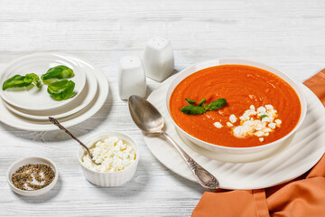 roast tomato soup in a bowl, top view