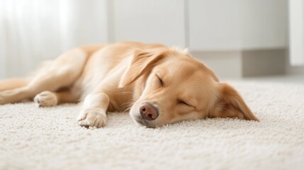 Dog sleeping peacefully on a fluffy white carpet in a bright room. Cozy and relaxing home atmosphere, comfort concept