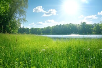 Meadow of Long Grass Against a Blue Sky with Sunlight and Lens Flare

