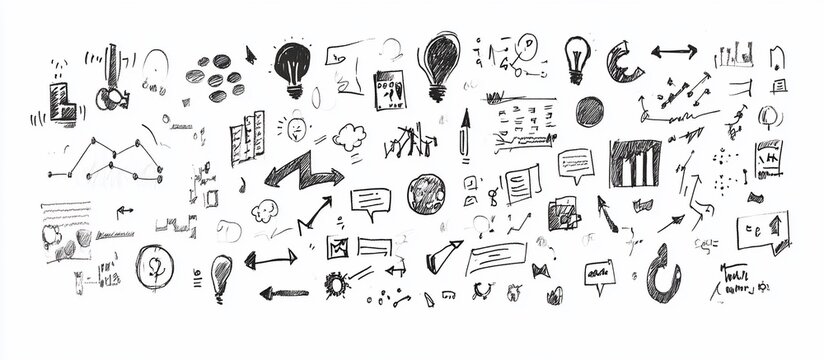 Hand-drawn business icons and graphs illustrating data analysis and growth strategies