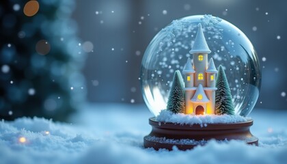 Magical snow globe featuring a castle and snowy trees with warm glowing lights