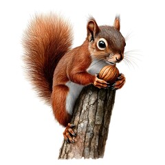 Obraz premium A cute squirrel perched on a tree stump, holding an acorn, showcasing its fluffy tail and inquisitive expression.