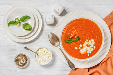 roast tomato soup in a bowl, top view