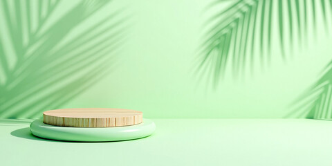 Fototapeta premium round wooden display platform with light green base and palm leaf shadows
