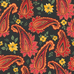 Red Traditional Fancy Paisley With Yellow Flowers and Green Leaves And Black Background