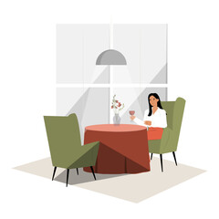 Woman Dining Alone In A Restaurant In Flat Vector Illustration Symbolizing Solo Dining, Leisure, And Self Care, Isolated On White Background
