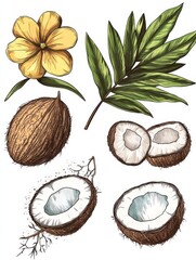 Hand drawn coconut. Summer sketch, beach palm exotic flowers. Organic raw coco oil and cosmetics, drawing tropical leaves exact vector set. Illustration coconut and summer exotic fruit