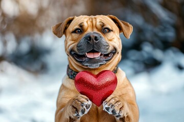 Fototapeta premium Ad furry friend conceptual art. Cute boerboel canine with sparkling rhinestones red heart on a walk in a winter garden. Boerboel - my beloved dog, symbol of friendship. Valentine's day dog.