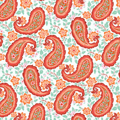 Red and Blue Folk Floral Paisley Pattern Design