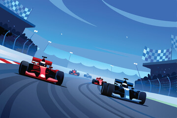 Create a dynamic vector illustration of a Formula 1 race car with tire skid marks and a checkered flag finish line.  Focus on speed and motion.