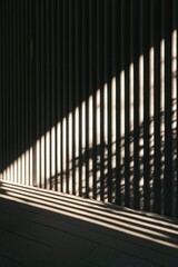 Sunlight streams through modern wall slats, creating shadows on floor. Architecture