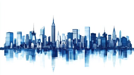 Fototapeta premium Minimalist New York city skyline silhouette in blue and white, featuring iconic landmarks for commercial use.