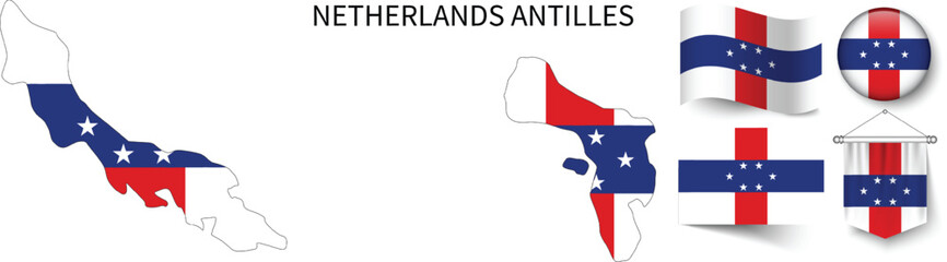 The different designs of Netherlands Antilles's national flags and the map showing Netherlands Antilles's borders