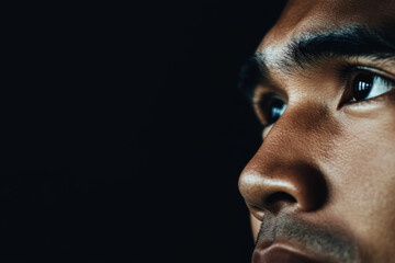Obraz premium Close-up of a male gaze revealing deep emotion and thought in a dimly lit environment