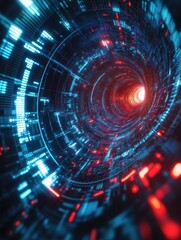 Obraz premium An abstract representation of a ransomware attack, featuring a digital tunnel with red and blue lights symbolizing data flow, hacking, cyber security, and the impact of malware.