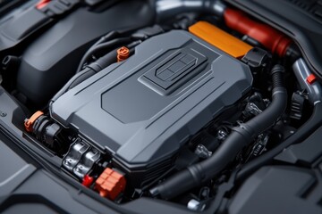 Close-up view of a modern car engine, showcasing its components and design.