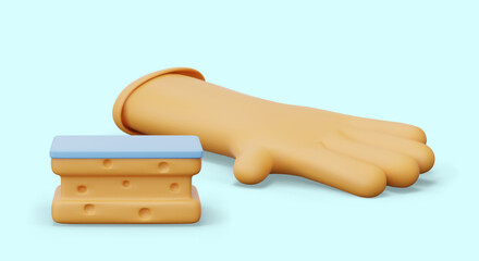Rubber glove, sponge with surfaces of different hardness. Vector composition on blue background. Group of elements for manual cleaning concepts. Wiping, scraping off dirt