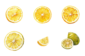 Watercolor illustration of lemon slices on white background.
