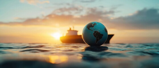 A globe floats on water with a ship in the background, illuminated by a beautiful sunset, symbolizing travel and global connectivity.