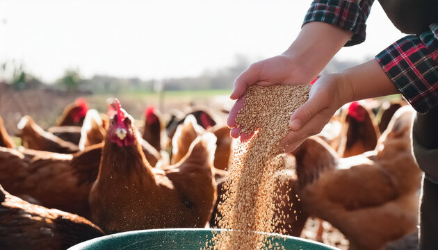 farmer feeding flock of brown hens with golden grain