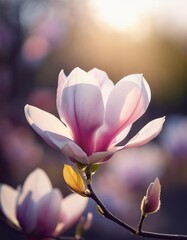 Fototapeta premium Magnolia blossoms opening to sunlight during springtime in a tranquil garden
