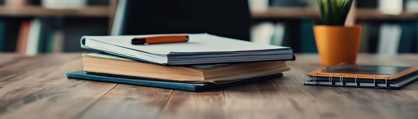 A neat stack of notebooks and a pen on a wooden table, with a small potted plant and a phone nearby, suggesting a study or work environment.