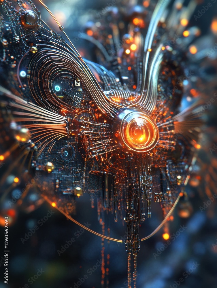 Poster abstract circuit board design with intricate lines and glowing elements.