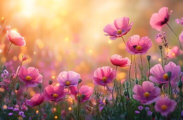 Dreamy poppy field at sunset casting a warm and ethereal glow