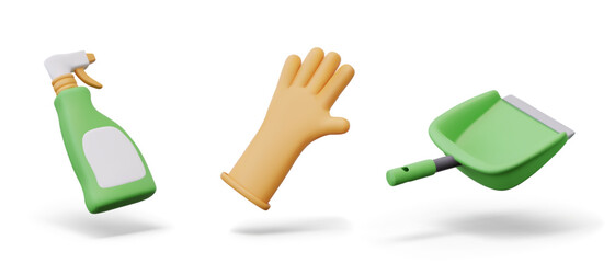 Plastic spray bottle with blank label, rubber glove, scoop. Isolated models for online cleaning concepts in 3D cartoon style. Cute icons on white background
