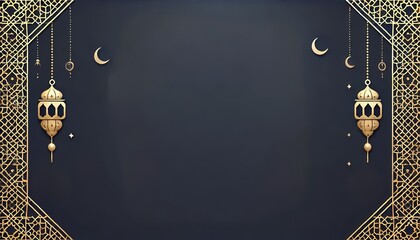 Dark blue background with gold patterns, a central crescent moon and star, and two hanging gold-accented lanterns. Islamic background and wallpaper