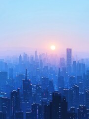 Fototapeta premium A blue cityscape skyline with a hazy sun rising behind the buildings.